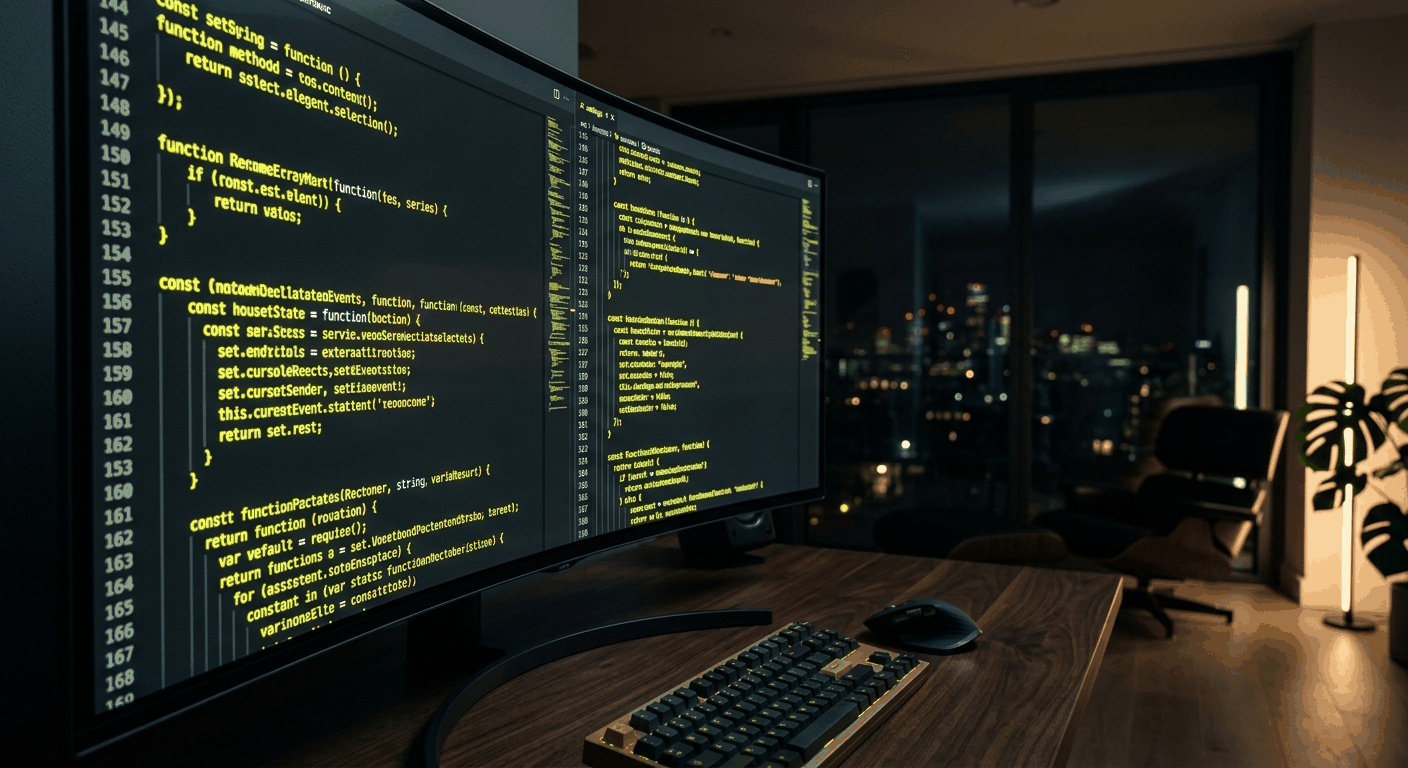 Futuristic desk setup with massive curved 5K2K OLED monitor, neon yellow and dark gray theme, cinematic 8k photography