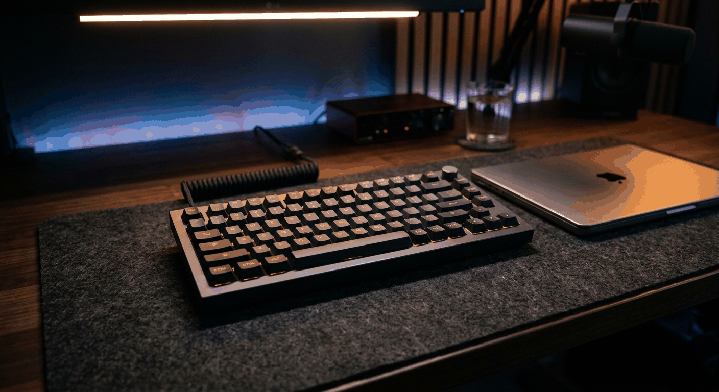 Aesthetic low-light desk setup showing a sleek NuPhy Air75 wireless mechanical keyboard next to a MacBook