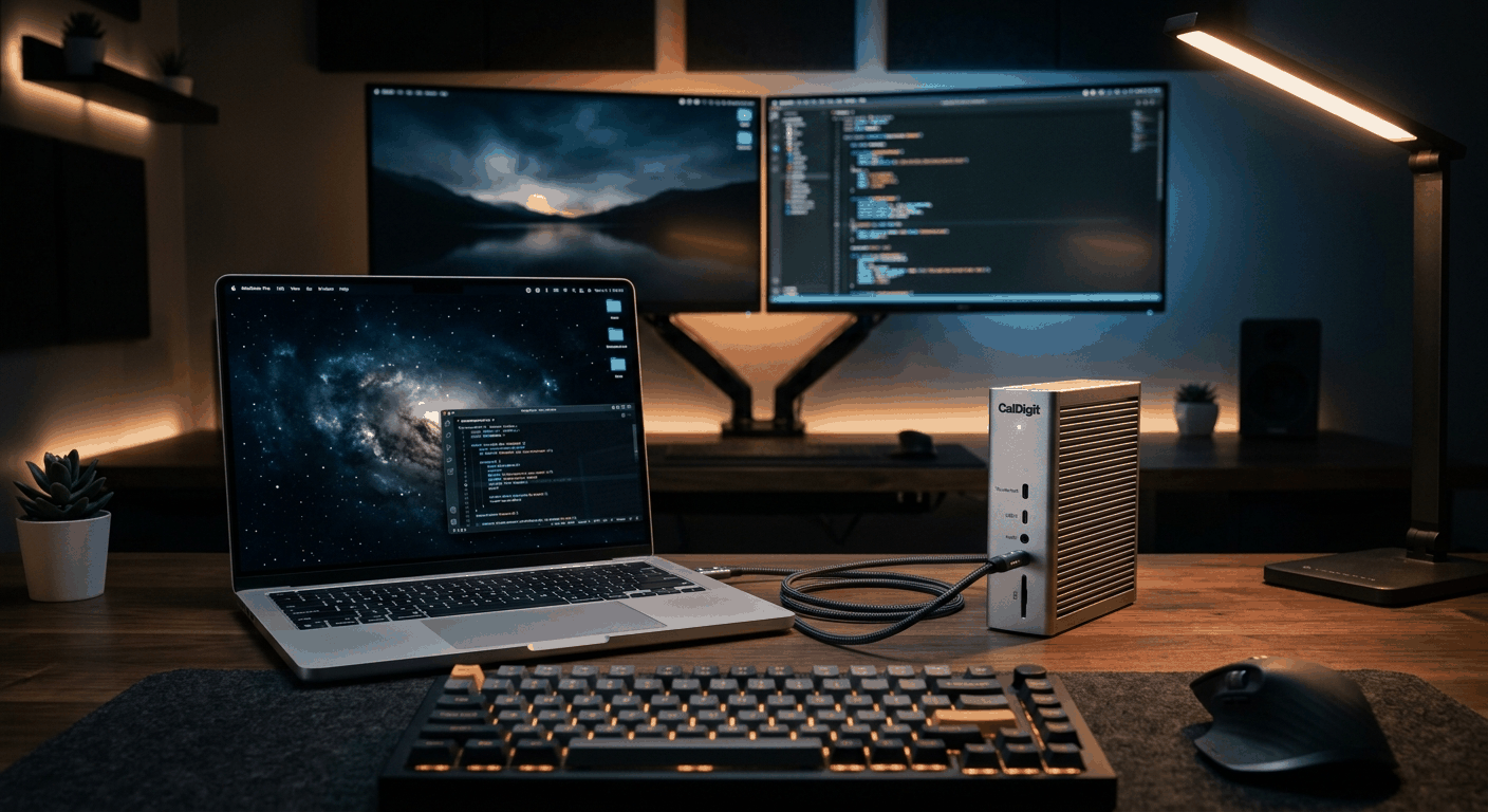 Aesthetic low-light desk setup showing a sleek CalDigit TS4 dock next to an open MacBook Pro