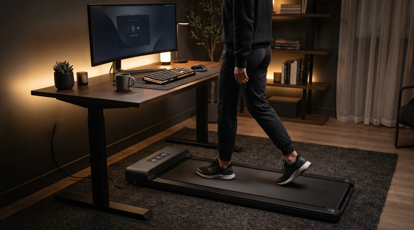 Under-desk walking pad treadmill in a dark minimalist home office setup