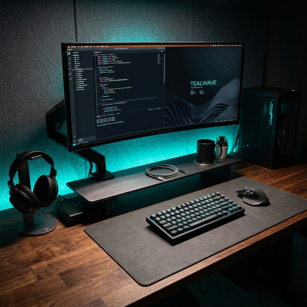A cinematic cyberpunk desk setup with wood and leather accents
