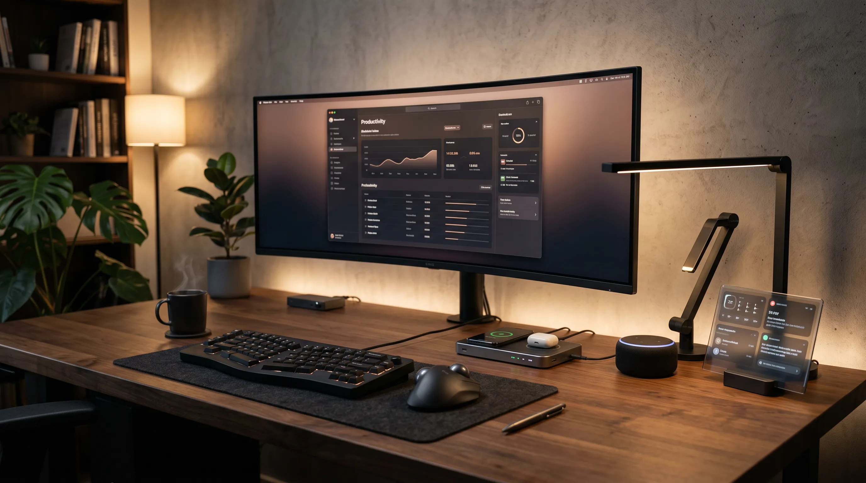 Five premium home office products arranged on a dark cyberpunk desk setup