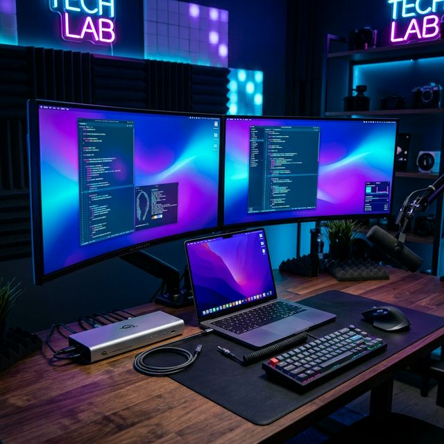 Sleek MacBook Pro connected to dual 4K 120Hz monitors on a walnut desk with cinematic neon lighting