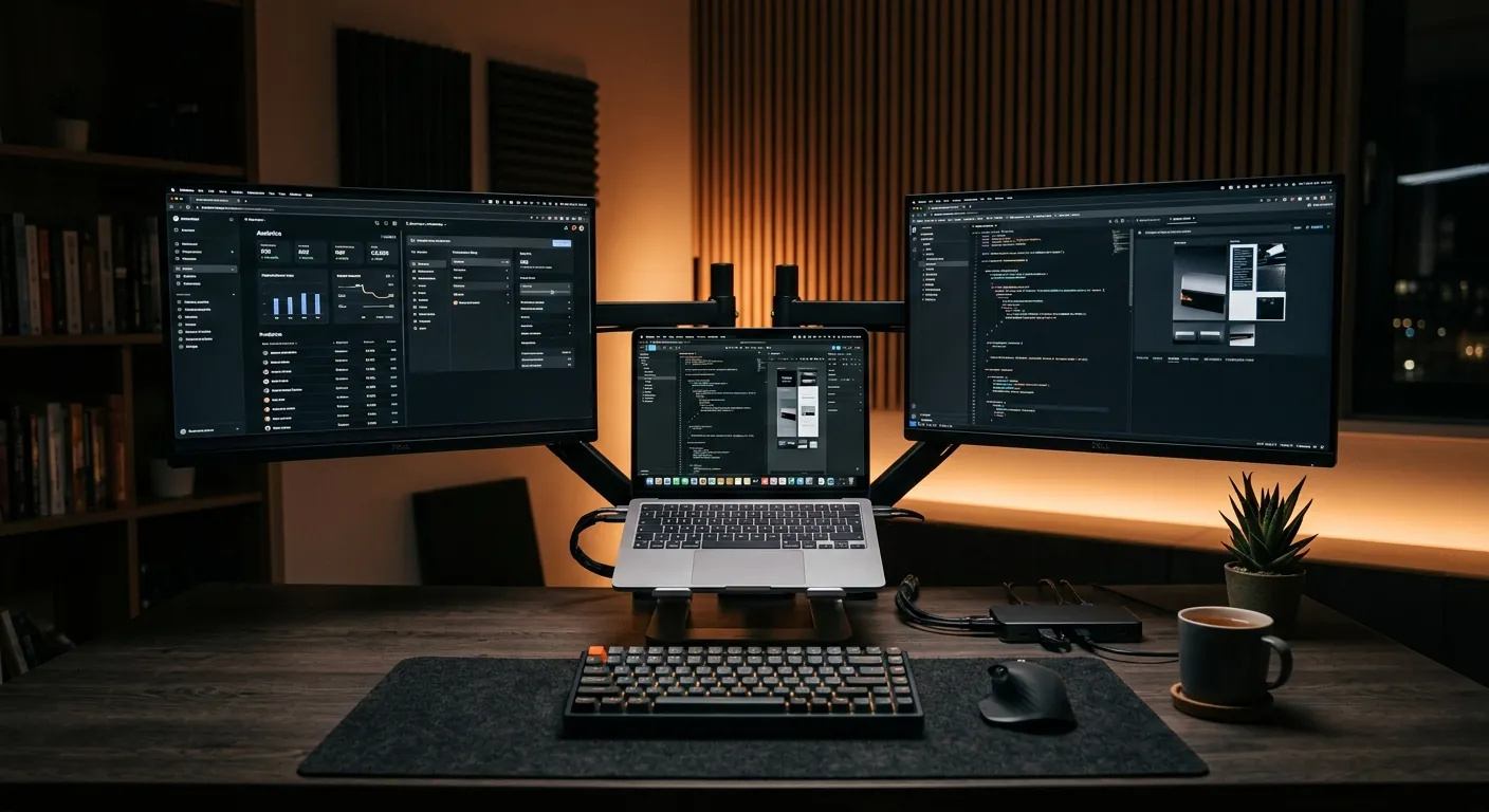 A dark cyberpunk desk setup with a MacBook Pro and dual 4K monitors glowing in neon green.