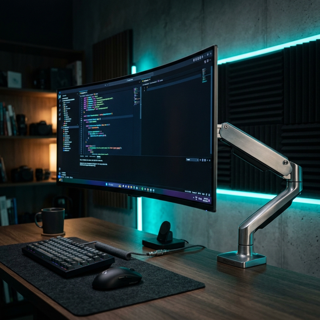 A heavy-duty monitor arm holding a 49-inch ultrawide display at perfect eye level