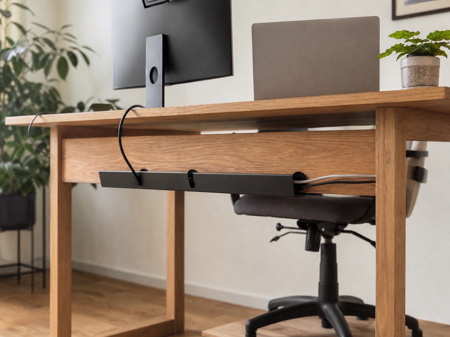 Cable tray and routed cables beneath a wood desk with a deep rear apron