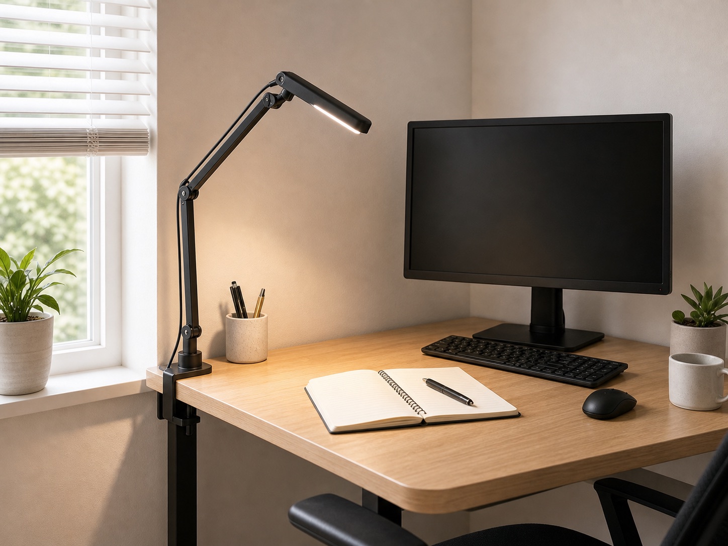 Clamp-on task lamp lighting a compact desk