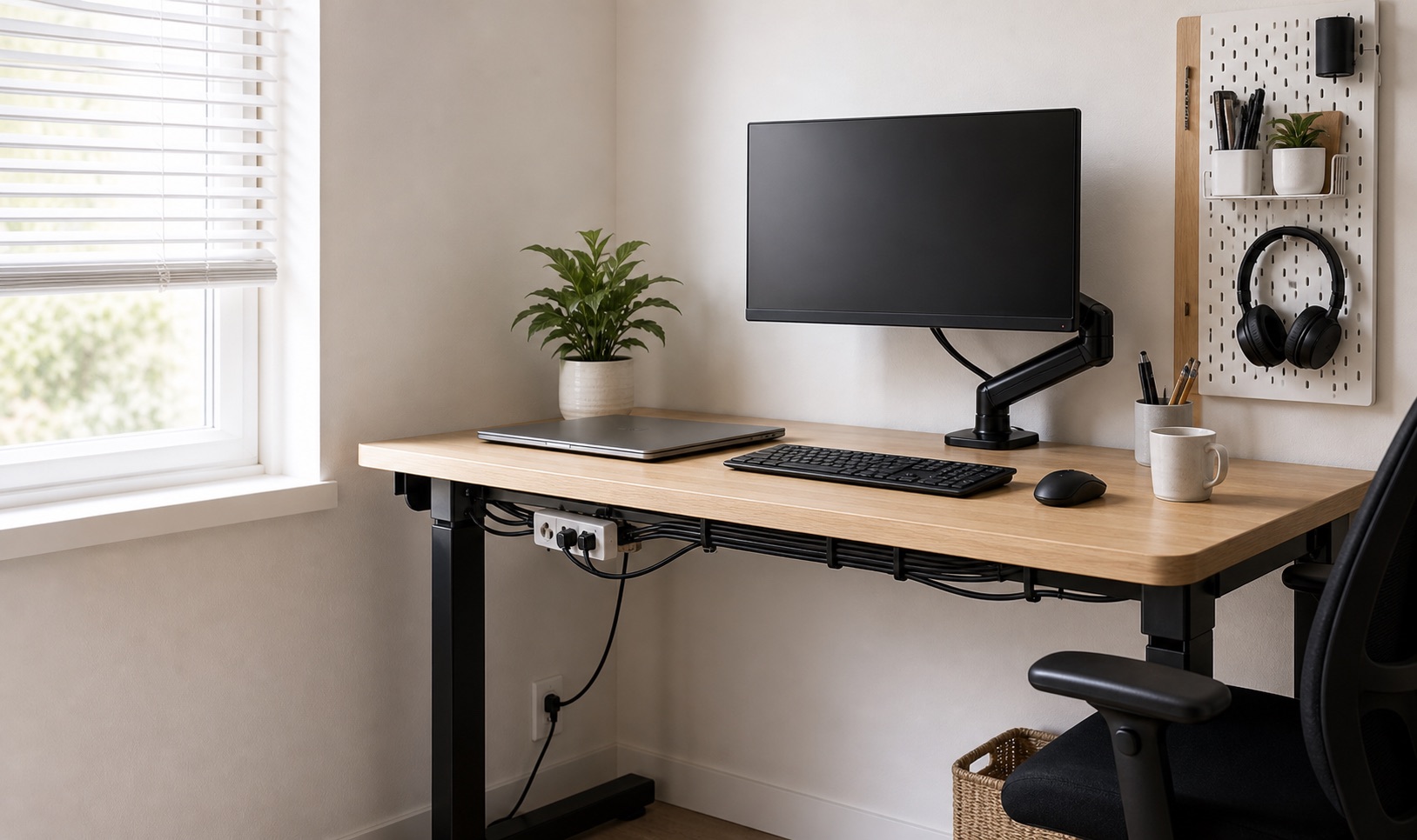 A compact home-office desk with a monitor arm, pegboard, and tidy under-desk cables