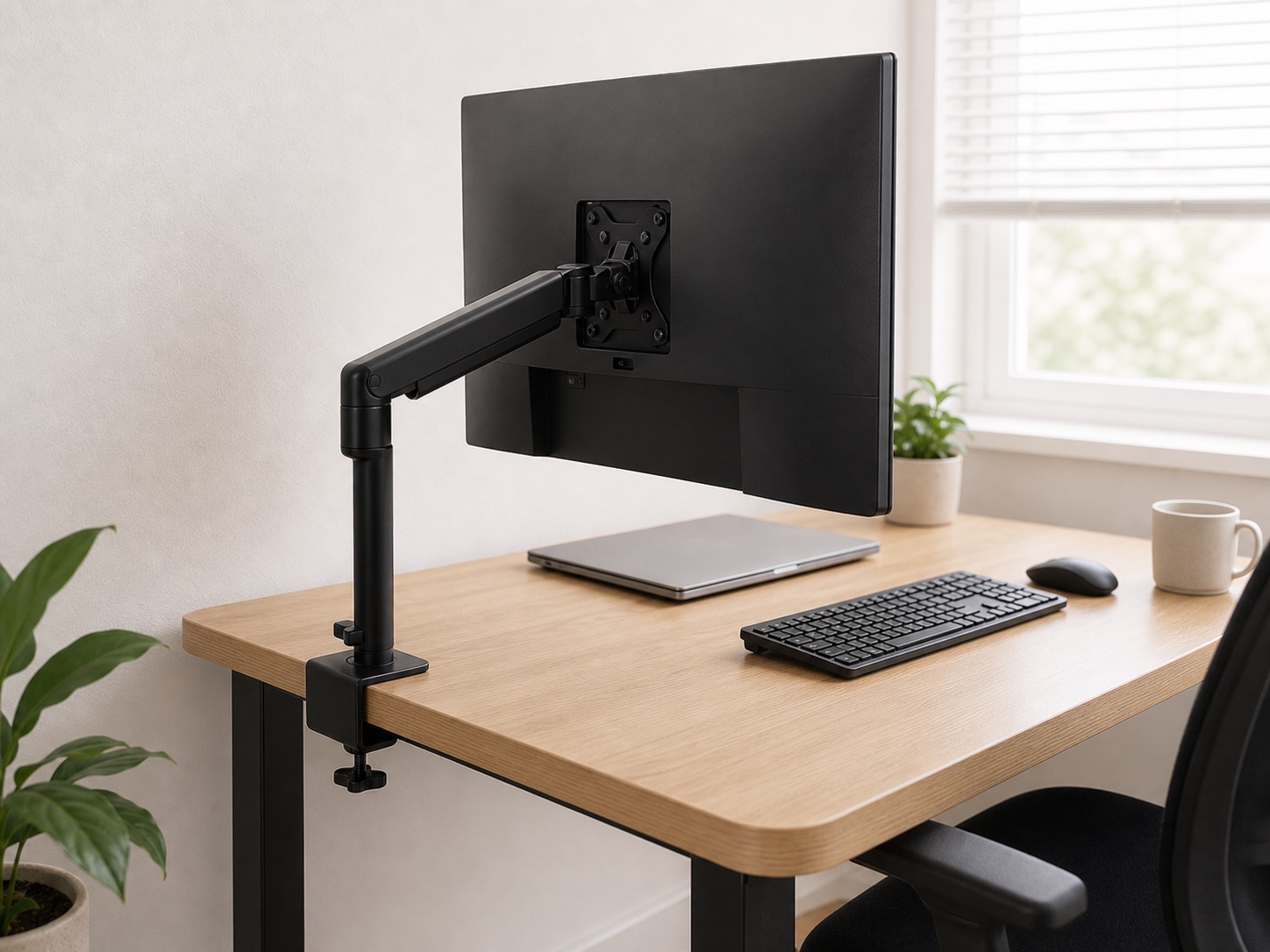 Monitor arm clamped to the edge of a small wood desk