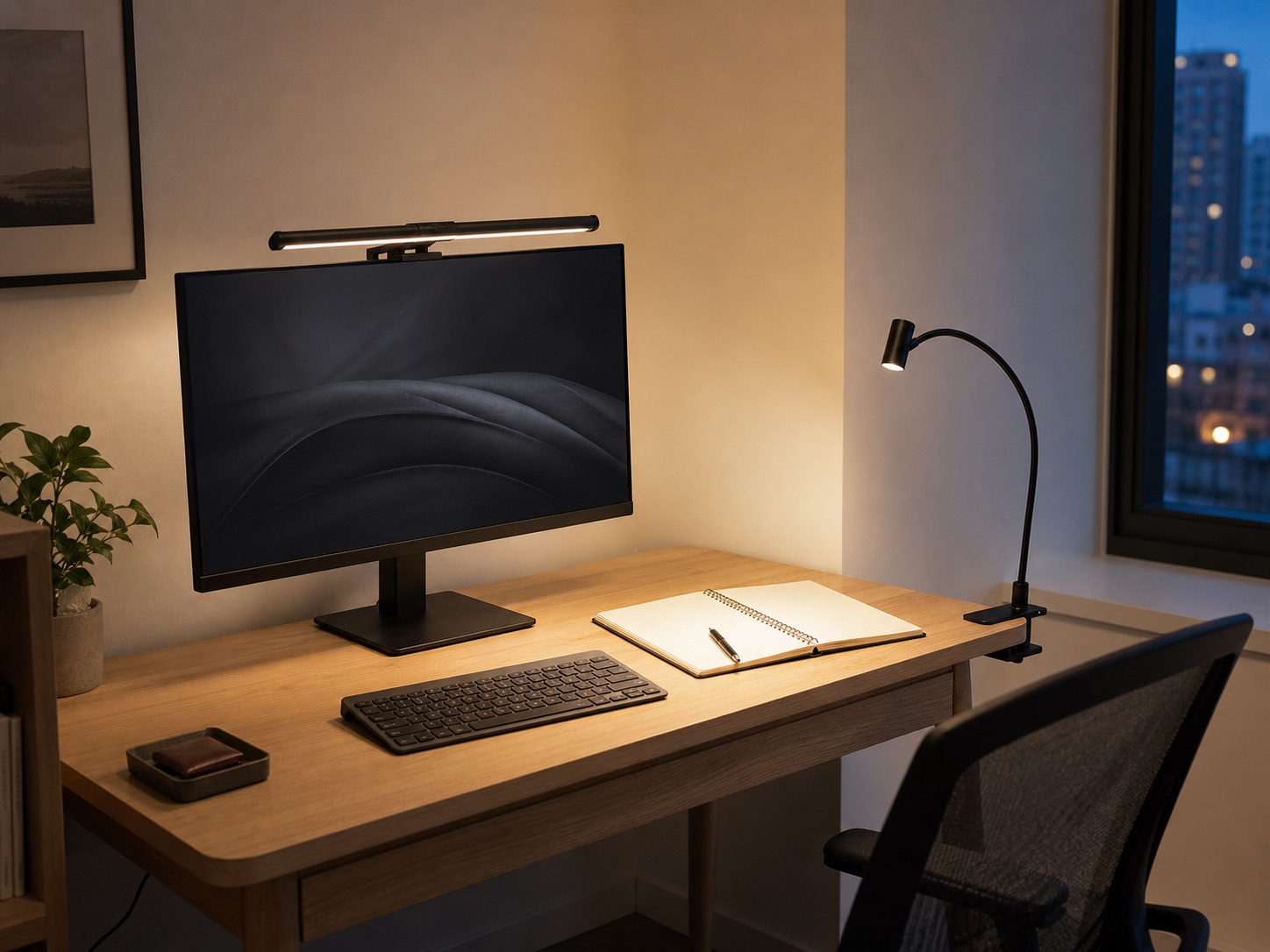 Split small-desk scene comparing a monitor light bar with a side-mounted clamp lamp