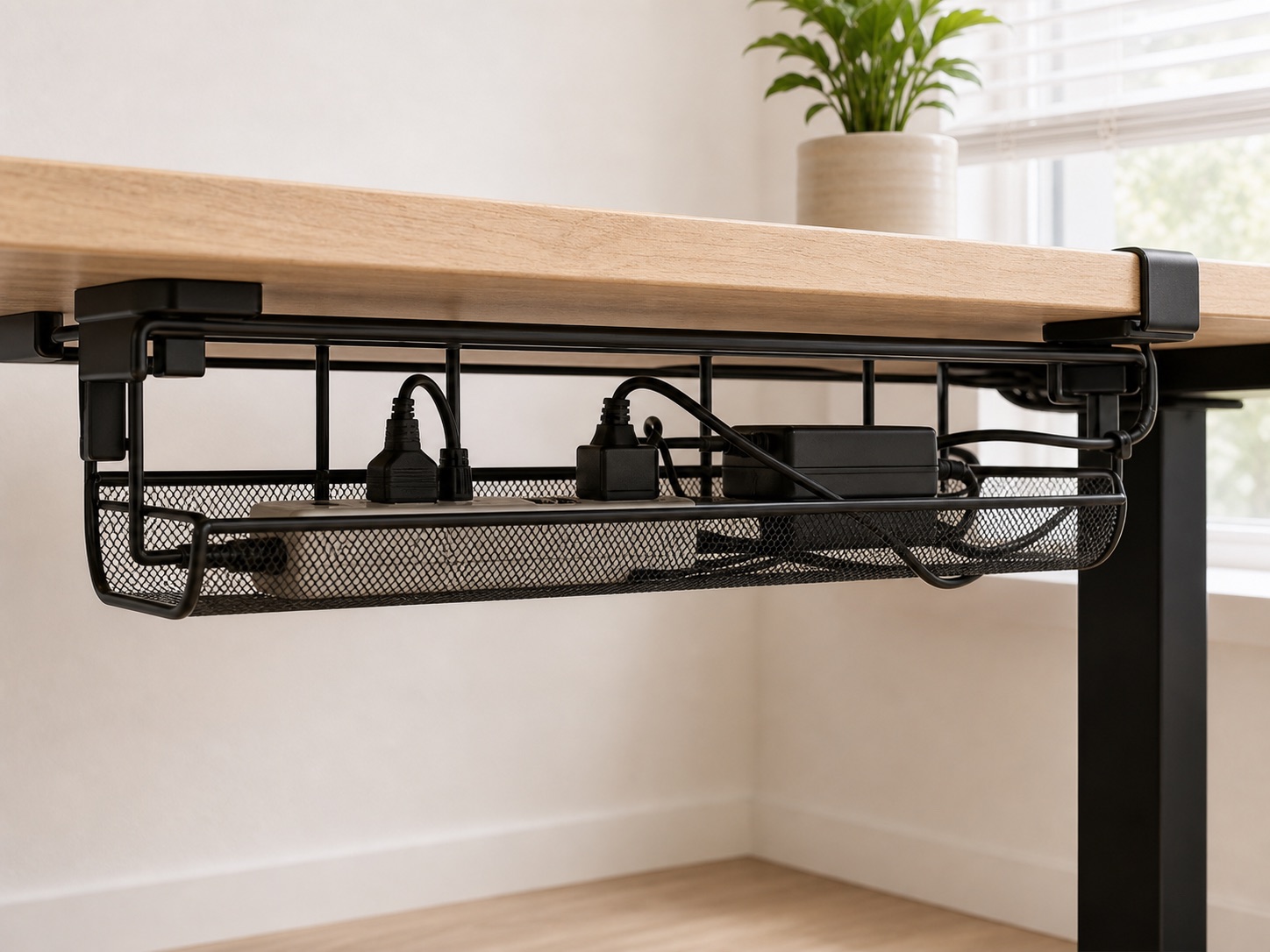 A clamp-on metal tray holding a power strip and cables beneath a wood desk