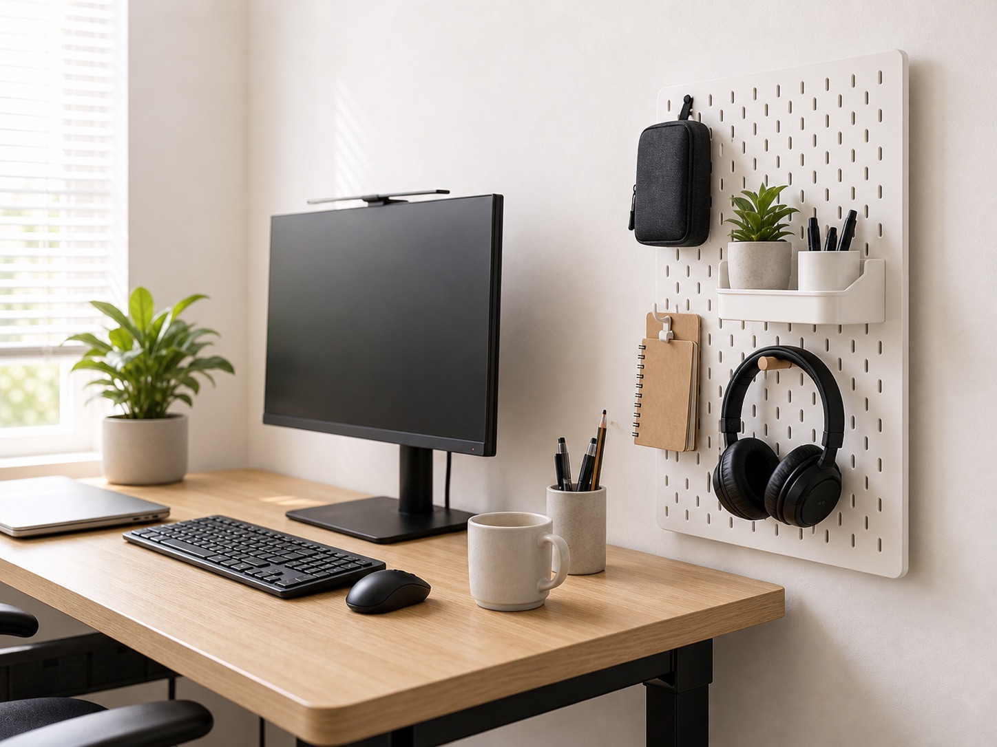 Wall pegboard creating vertical storage beside a compact desk
